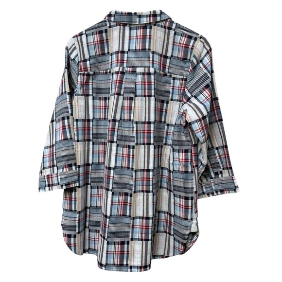 Joan Rivers Madras Shirt Size Medium Blue Plaid Womens Top Preppy Patchwork QVC - Picture 5 of 8